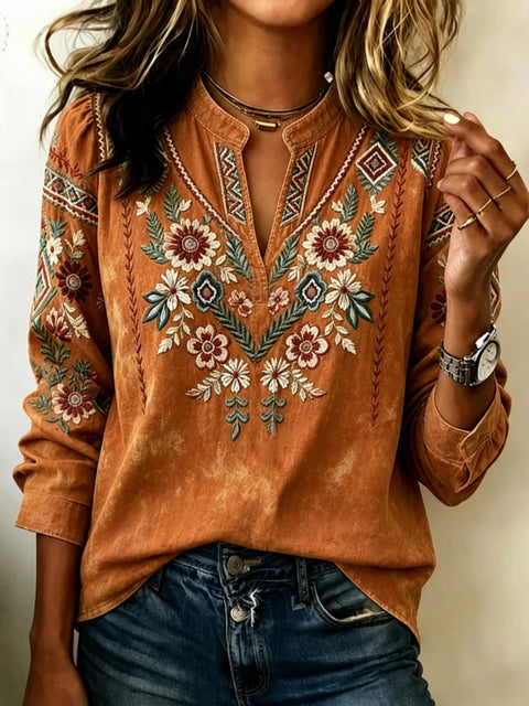Women's unique floral print long-sleeved hollow shirt FF303347