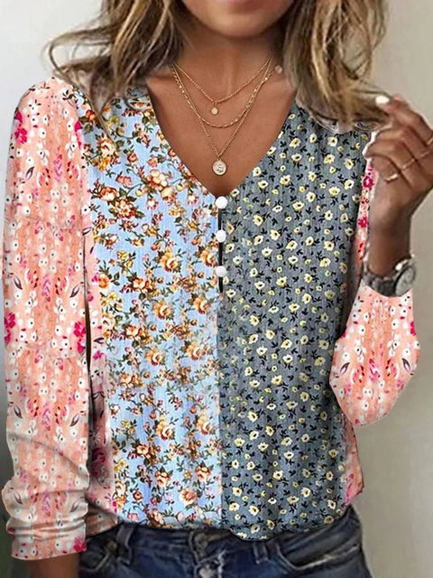 Langarm-T-Shirt-Pullover mit V-Ausschnitt, Stern-Batikmuster und Perlmuttknöpfen m300609 