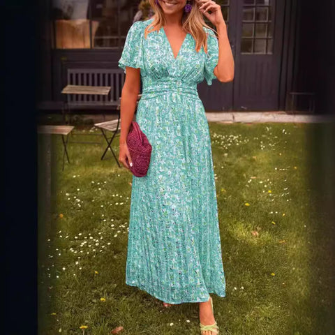 Temperament bedrucktes Kleid mit V-Ausschnitt und Taille m301307 