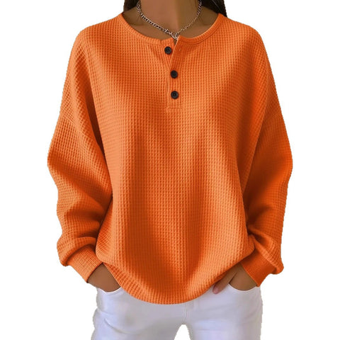Crew neck waffle solid color pullover loose top FF303285