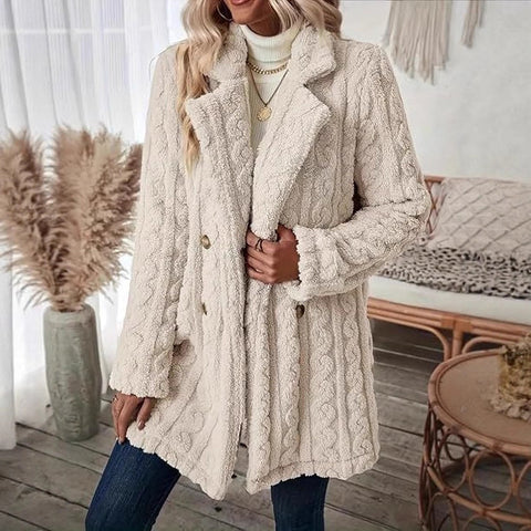 Women's plush jacket comfortable casual thermal suit collar double-breasted medium and long coat m302210