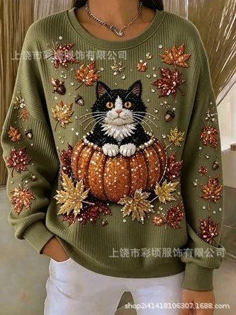 Women's autumn drop shoulder crew neck sweatshirt 3D digital print crew neck FF303475