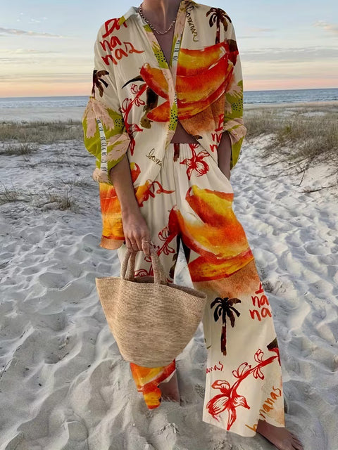 Linglong hemp fish shading casual suit loose sports wide-leg pants marine element casual shirt m303169