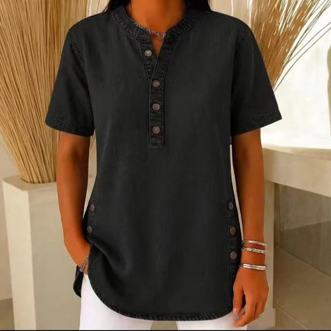 Crew Neck Button Daily Commuter Denim Casual Short Sleeve T-Shirt FF303259