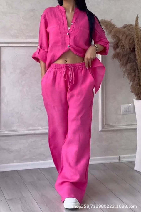 Casual cotton and linen solid color shirt drawstring wide-leg pants set m302317