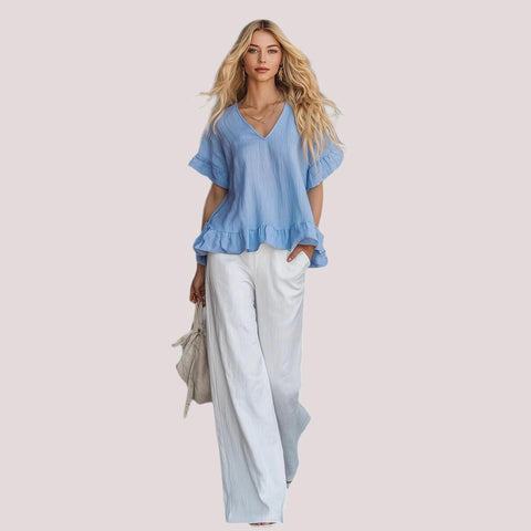 V-neck shirt with ruffle edge Fashion casual short-sleeved top FF303331
