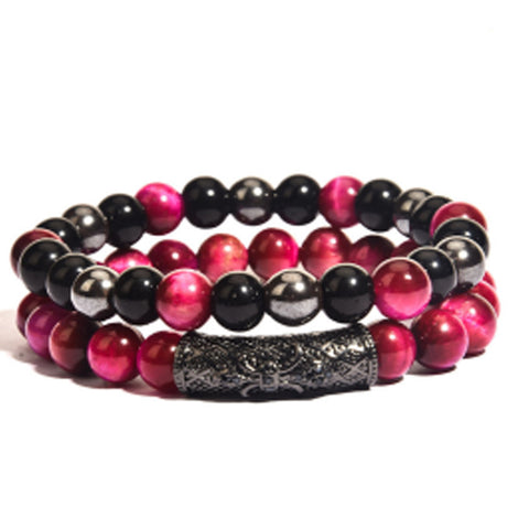 Elastisches Armband aus Tigerauge-Kupfer mit Mikroeinlage, schwarzer, matter Zirkonia, m3331288