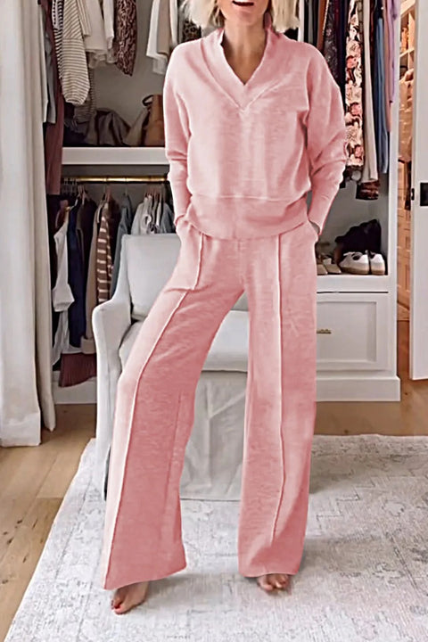 Ensemble deux pièces haut ample à manches longues et col en V et pantalon large m301327 