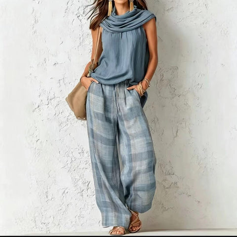 Retro casual fashion sleeveless top and plaid pants set m303064