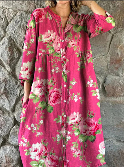 Women's Loose Crew Neck Fashion Premium Long Sleeve Printed Shirt Dress m301050