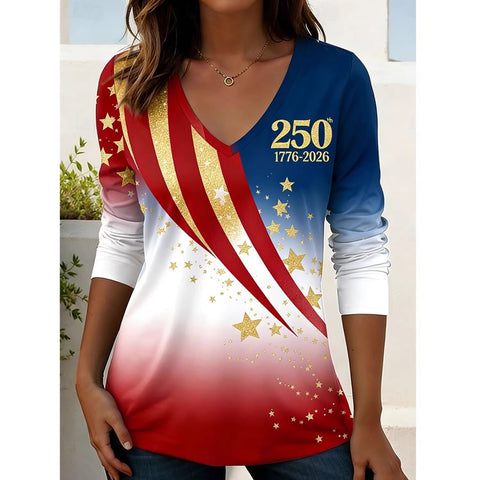 Short Sleeve V-Neck Long Sleeve T-Shirt Independence Day Element Print m302367