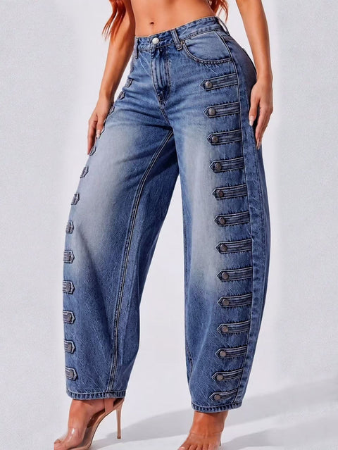 Court style high waist scimitar jeans women loose and thin street hipster versatile button washed trousers FF303268