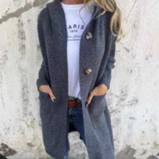 Women's autumn and winter sweater cardigan fashion long with pocket buttons hooded knitted jacket m303242