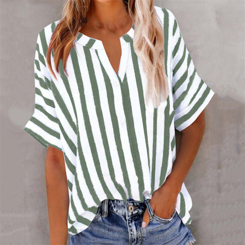 Women's top shirt loose casual V-neck button striped contrasting short sleeve m302416