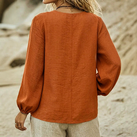 T-shirt deep V-neck exquisite print lantern sleeves loose holiday style orange loose shirt FF303378