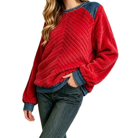 Herringbone embossed plush sweater spliced fake two-piece loose pullover top FF303354