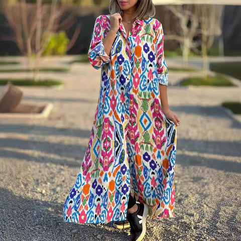 Elegant square neck long sleeve printed shirt skirt dress m302321