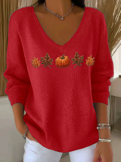 Shoulder V-neck long-sleeved autumn leaf 3D digital printing women's top FF303401