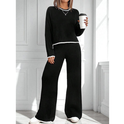New fashion long-sleeved knitted top high-waisted wide-leg pants two-piece set m302090