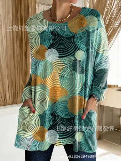 3D printed women's new medium and long pocket round neck pullover fashion T-shirt m303192