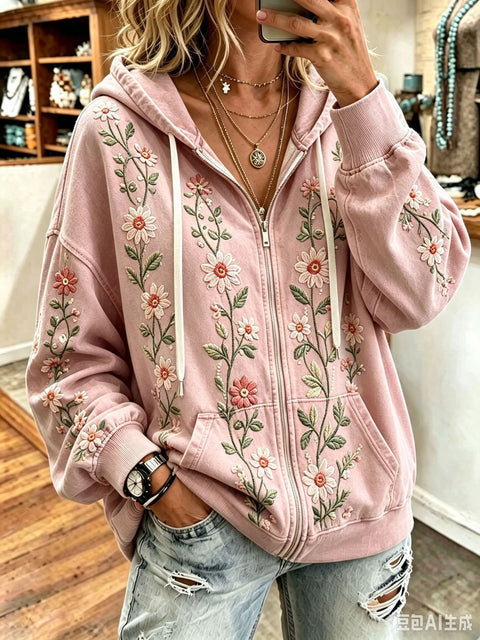 Sequin floral elements 3D digital printing loose casual hooded sweater m303215