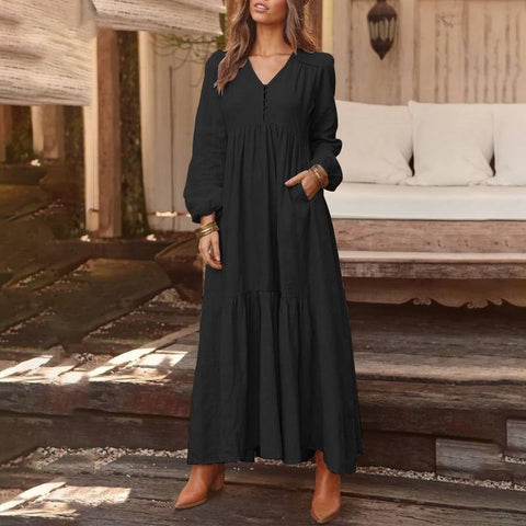 Knopf Baumwolle und Leinen Retro lässig Langarmkleid große Schaukel langes Kleid mehrfarbig m301374 