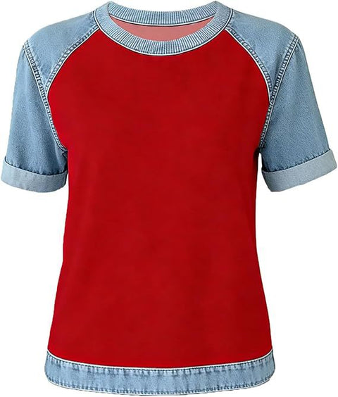 Printed denim splicing round neck short sleeve loose casual m302385