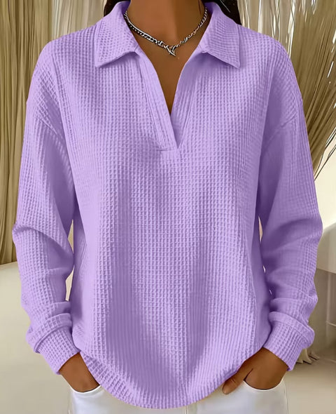 Waffle Lapel Long Sleeve Polo Top m303214