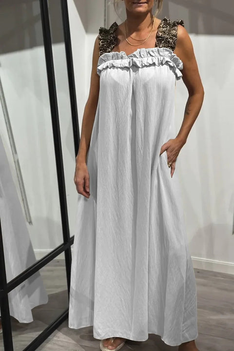 Popular vacation women's casual suspender splicing leopard print pocket cotton and linen dress m302050