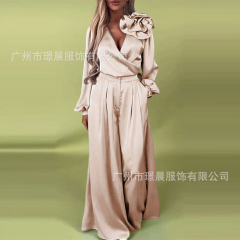 Women's Luxury Elegant V-Neck Satin Long Sleeve Top Wide Leg Pants Set m302297