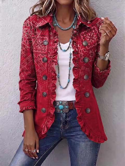 Women's fashion long-sleeved ruffle leaf open button cardigan FF303384 01
