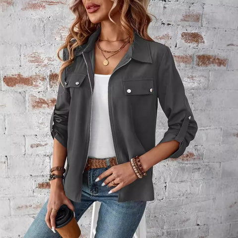 Revers Reißverschluss Strickjacke Handtasche Hut einfarbig Langarmjacke m300675 