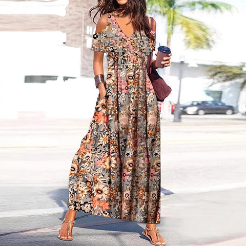 Floral splicing skirt short-sleeved vacation dress m302890