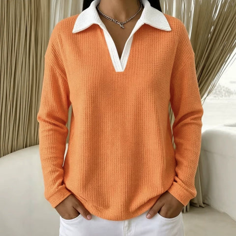 Waffle Contrast Long Sleeve Polo Top Women's m303233
