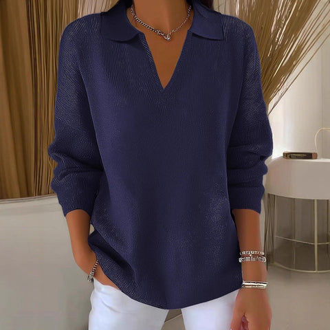 Digital printing women's lapel neck long-sleeved solid color knitted fleece sweater m302076