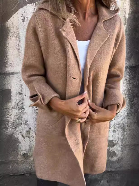 Damen einfarbig Revers mit Tasche Strickjacke einreihig mittellanger und langer Mantel m300614 