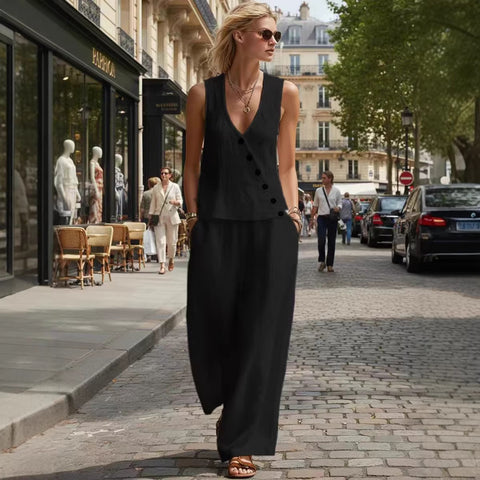 Spring and summer new sleeveless V-neck button top solid color pants casual suit m302509