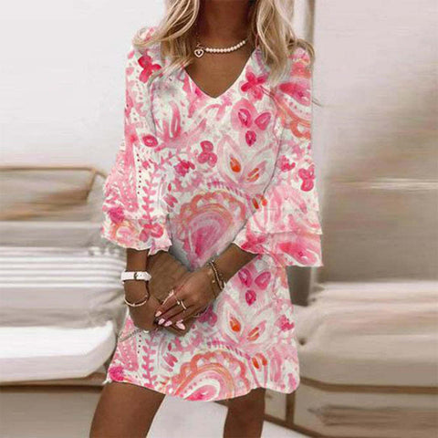 Fresh printed V-neck 3/4-sleeve mini women's dress m302854