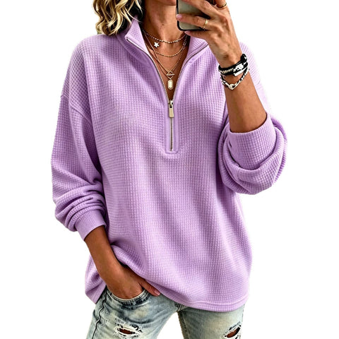 Waffle sweater lazy style half turtleneck half zipper loose long sleeve top FF303324