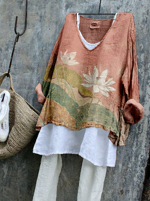 Langarm bedruckter Freizeitpullover lockerer Rundhalsausschnitt einteiliges T-Shirt (ohne Unterhemd) m301042