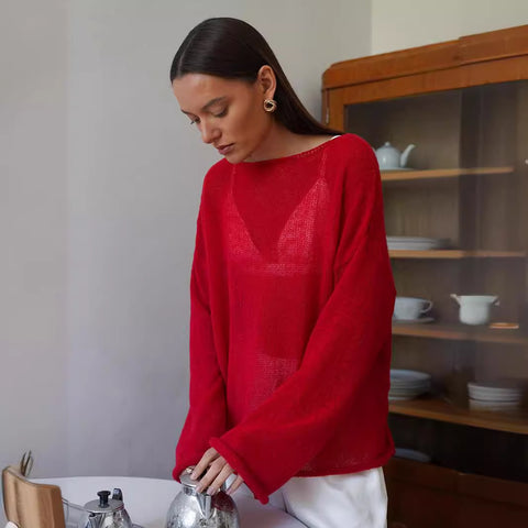 Women's perspective thin large round neck horn sleeve knitted T-shirt m301766
