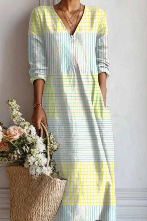 Women's loose V-neck fashion high-end long-sleeved printed collar dress m302766