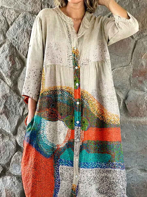 Women's Loose Crew Neck Fashion Premium Long Sleeve Printed Shirt Dress m301050