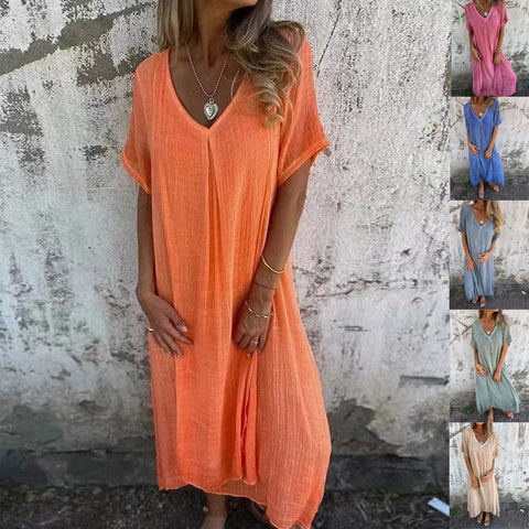 Fashion cotton and linen V-neck semi-formal dress m301062