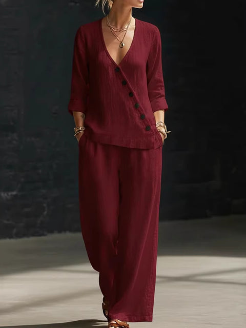 Temperament loose V-neck diagonal button-down shirt wide-leg pants two-piece set m302397