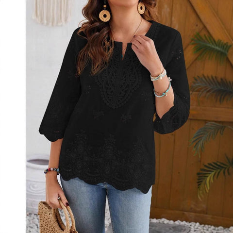 Chemise élégante et sexy à col en V et bordure en dentelle, nouvelle collection printemps et été à manches sept-quarts m301472 