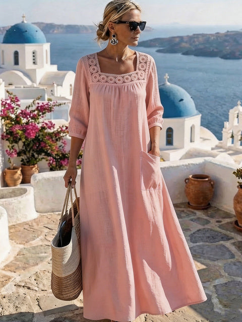 Casual square collar 7-point sleeve washed cotton solid color women's dress m303165