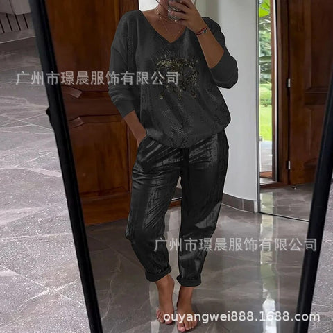 Women's Long Sleeve Printed Top Pants Set of Two M302301