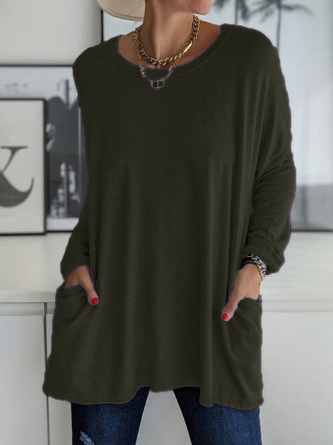 Rundhalsausschnitt Langarm lose Tasche einfarbig T-Shirt lässig Damenbekleidung m301315 