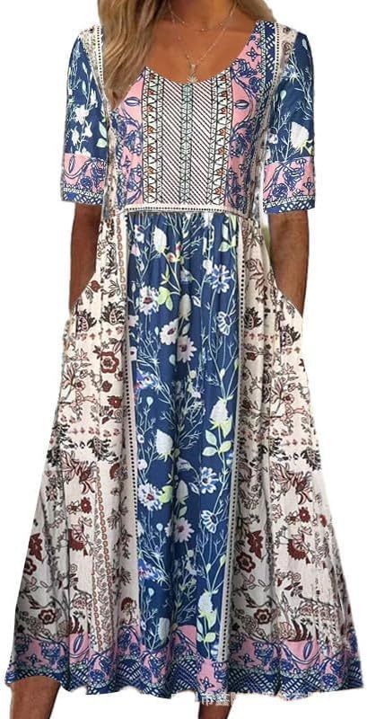 Damen Casual Rundhals Pullover Kurzarm 3D Druck Plissee Taille Swing Langes Kleid m301299 